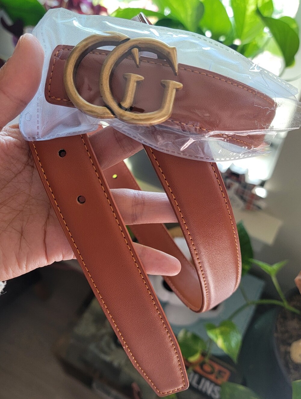 Stylish Brown Vegan Leather Belt with Gold Buckle